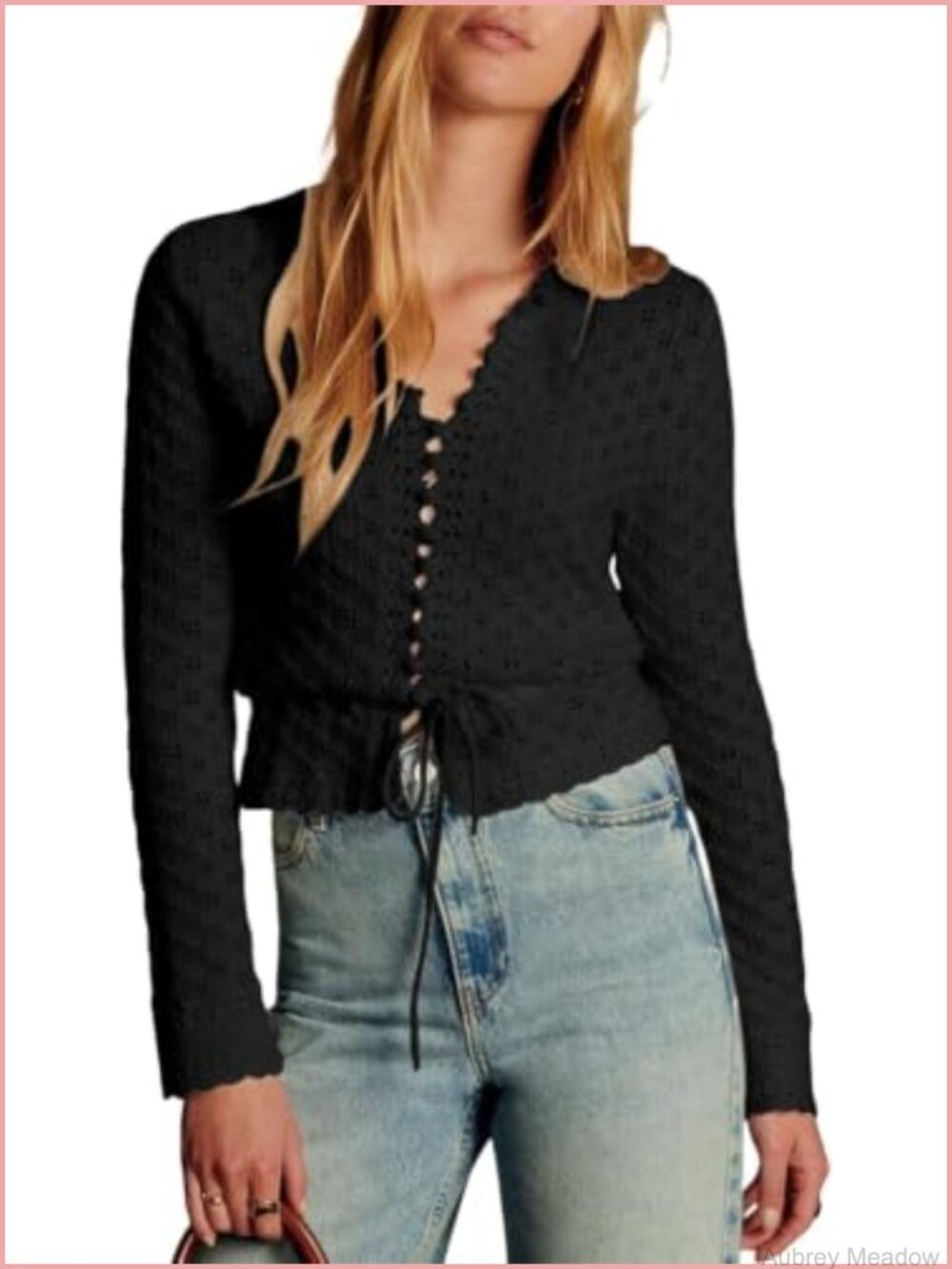 Womens Crochet Cardigan Tie Front Long Sleeve Crewneck Lightweight Knit Sweater